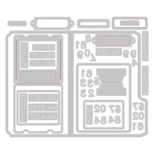 An image of the Speciman by Tim Holtz Sizzix Thinlits Dies is shown in silver in the center of the frame. It shows the outline of the dies that are in the set. On a white background.