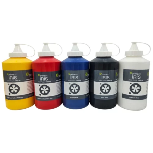 There are 5 tubs of Iris Acrylic Paint 1000ml lined up next to each other across the center of the frame. The tubs have a white plastic flip cap and a clear plastic body, so you can see the coloured paint through the plastic. There is a label on the front of each bottle that is black and white and has the Prime Art logo printed on it, as well as the product details and colour. Each tub contains a different primary colour of paint, as well as black and white. The image is center of the frame and on a white background.