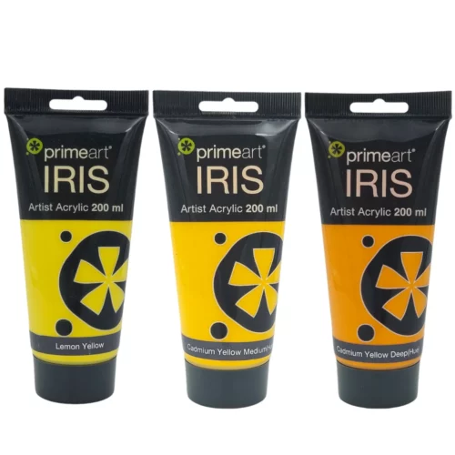 There are 3 tubes of Iris Acrylic Paint 75ml lined up along the center of the frame, horizontally. Each tube stands vertically next to the other. The tubes are plastic and have a black, flip top cap that each tube stands on and a black hang tab at the end of each tube. The center of each tube is clear, so you can see the colour of the paint inside. The paints are yellows and oranges in the image. The image is center of the frame and on a white background.