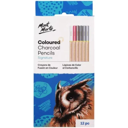 A Mont Marte Signature Coloured Charcoal Pencil Set is shown vertically in the center of the frame. The carboard box is white and there is a picture of an owl in the bottom right hand corner of teh box. The Mont Marte logo and black text is printed on the box. On a white background.