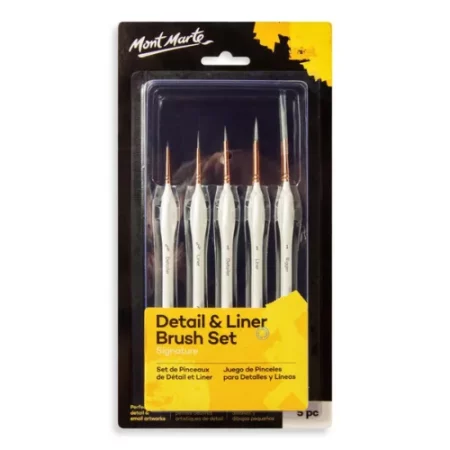 A Mont Marte Detail and Liner Brush Set 5 piece is shown in the center of the frame. The brushes are in a hang pack, which has a black cardboard backing board with the Mont Marte logo printed in the top left hand corner. The brushes are held to the backing board with a clear plastic case that has a yellow label printed on it describing the set. The brushes have white plastic handles. On a white background.