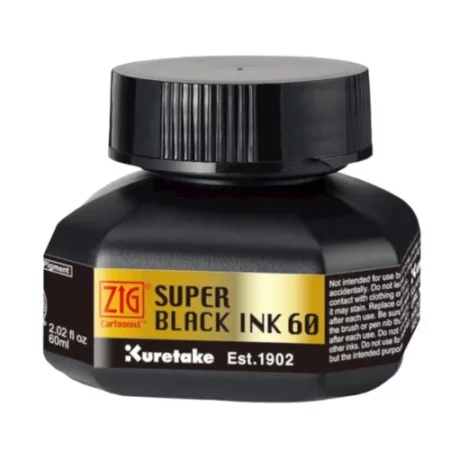 A single bottle of ZIG Cartoonist Super Black Ink can be seen in the center of the frame. The bottle is black with a black plastic screw on lid. There is a label around the body of the bottle which has black text and the ZIG logo. The image is on a white background.