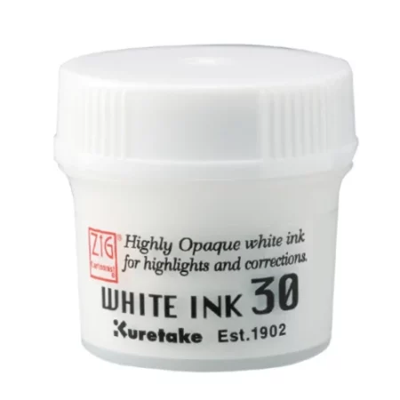 A close up of a jar of ZIG Cartoonist White Ink. The jar is white and has a white plastic screw on cap. There is a label around the body of the jar with black text describing the product. The image is center of the frame and on a white background.