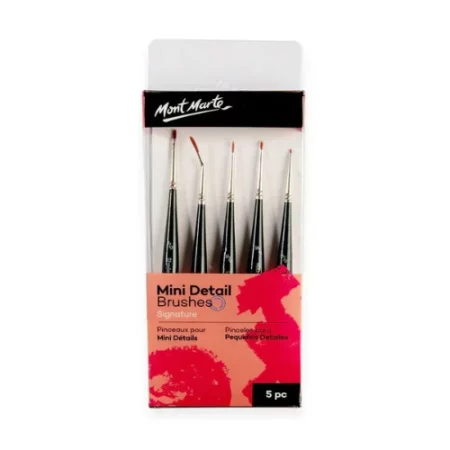 The front of the packaging of a Mont Marte Mini Detail Brush Set 5 Piece is shown vertically in the center of the frame. The set is enclosed in a clear plastic hang pack case. There is a printed label on the inside of the box with black text and the Mont Marte Logo. The image is on a white background.