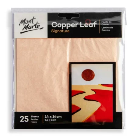 A pack of Mont Marte Imitation Silver Leaf can be seen in the center of the frame. The leaf is provided in a clear, hangable plastic packet. There is a piece of board at the front of the packet that contains an image of an abstract sunset and a description of the product and the brand name. The image is center of the frame and on a white background.