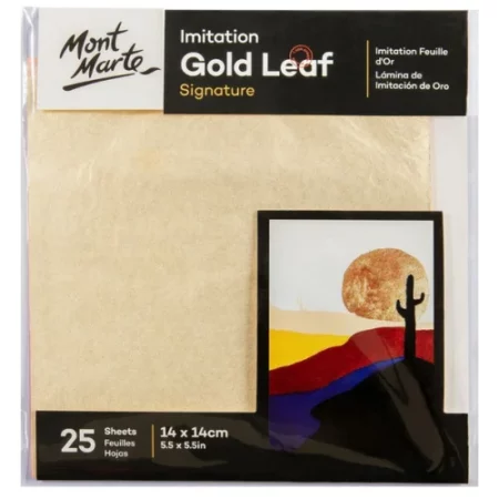 A pack of Mont Marte Imitation Gold Leaf can be seen in the center of the frame. The leaf is provided in a clear, hangable plastic packet. There is a piece of board at the front of the packet that contains an image of a sunset in the desert with a cactus and a description of the product and the brand name. The image is center of the frame and on a white background.