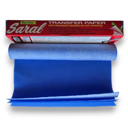 A long rectangular box is shown at an angle behind a roll of Saral Wax Free Transfer Paper Roll Blue. The transfer roll is slightly unwound and is blue on white side and white on the other. The image is center of the frame and on a white background.