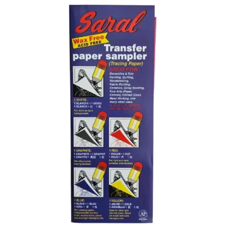 A single pack of Saral Wax Free Transfer Paper Sampler Pack can be seen in the center of the frame vertically. The packaging is blue cardboard with print and images showing the different coloured papers and their uses.