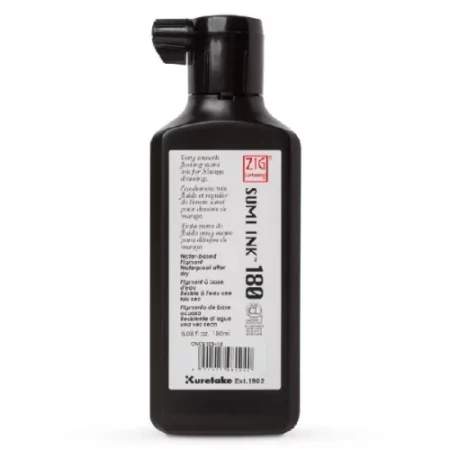 A single bottle of ZIG Cartoonist Sumi Black Ink 180ml is shown in the center of the frame. The bottle is black plastic and is rectangular in shape. There is a white label on the front of the bottle with black text. The image is center of teh frame and on a white background.