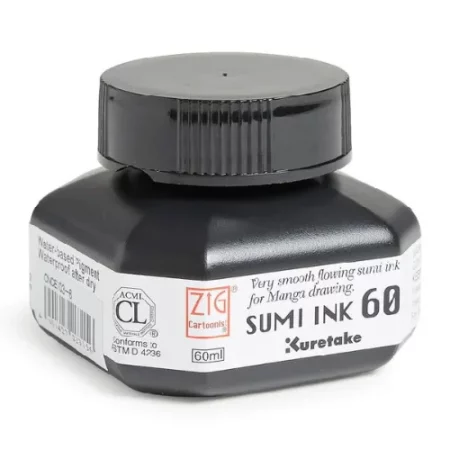 A single bottle of ZIG Cartoonist Sumi Black Ink can be seen in the center of the frame. The bottle is frosted plastic and has a black plastic screw on lid. There is a label around the body of the bottle with the product name. You can see the coloured ink through the bottle. The image is on a white background.