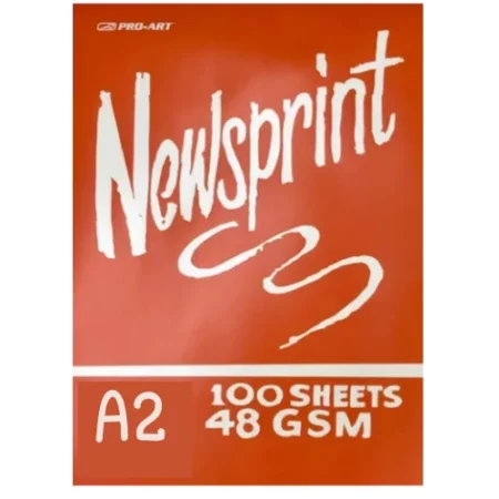 In the center of the image is a a2 newsprint pad. the pad is dark orange with white writing on it. the background is white