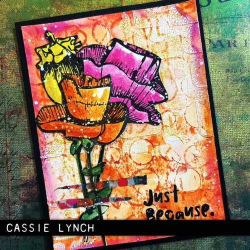 A card made using the Abstract Florals Tim Holtz Stamp Set is shown in the frame. The card is brightly coloured in pink, orange and yellow