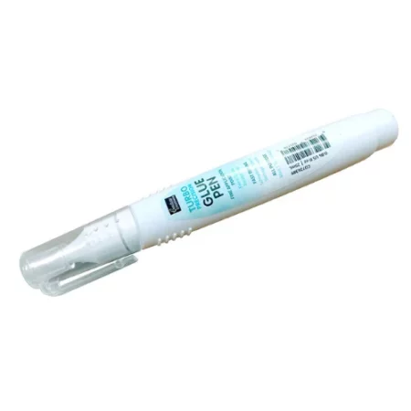 The Couture Creations Turbo Precision Glue Pen 25ml is sitting horizontally on the image, at the center. the lid is on the bottom left corner and the base is on the top right corner. the pen has a light blue label with the name of the product on it. on a white background.