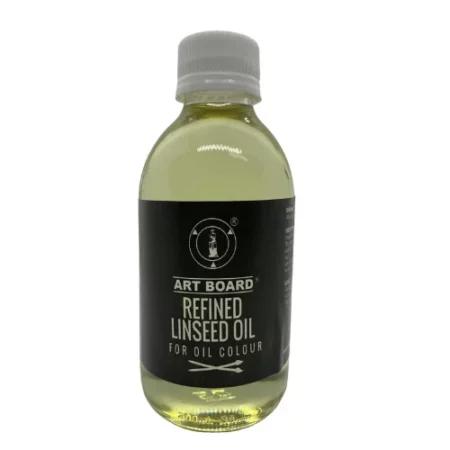 bottle of artboard linseed oil in in the center of the image. on a white background. the bottle has a yellow colour of the oil as it is a clear glass bottle. the label is black with white writing and the lid is white