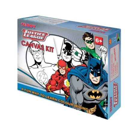 at an angle is a the Teddy Box Painting Set: Batman the box is grey with an image of batman and the flash and green lantern on the right hand side of it. on a white background