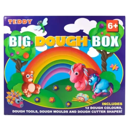 Teddy Big Dough Box is in the center of the image. the box is a deep purple blue colour with a rainbow across it. it has little clay figures all across it. it is bright and cheerful. on a white background