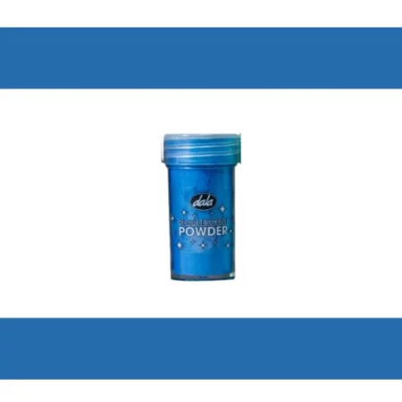 Dala Pearlescent Powder: Blue is in the center of the image. above and below it are two horizontal lines in the same colour as the pot of powder. on a white background