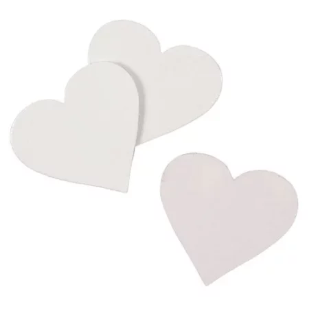 three heart shaped canvas panels are scattered across the image. they are on a white background