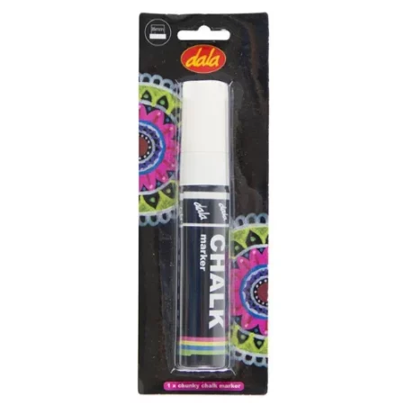 Dala Chalk Marker Jumbo White is in the center of the image. they are on a black card with a colourful design on the top left corner of it. the 1 marker are displayed in the middle. the name of the product is written in white on the top left of the image. on a white background