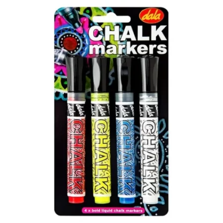 Dala Chalk Marker Set of 4: Primary are in the center of the image. they are on a black card with a colourful design on the top left corner of it. the 4 markers are displayed in the from. the name of the product is written in white on the top left of the image. on a white background
