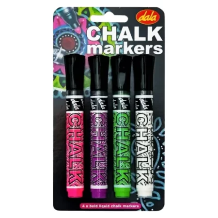 Dala Chalk Marker Set of 4: Secondary are in the center of the image. they are on a black card with a colourful design on the top left corner of it. the 4 markers are displayed in the from. the name of the product is written in white on the top left of the image. on a white background