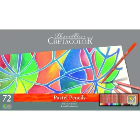 Cretacolor Fine Art Pastel pencil tin 72 is in the center of the image. the box is grey with a colourful design drawn on the cover. the writing is in white and the name displayed clearly on it. on a white background