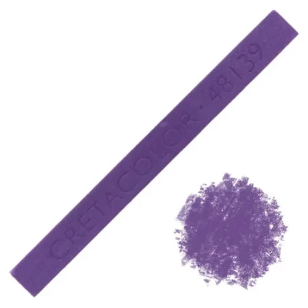 Cretacolor Pastel Carre Sticks: Bluish Purple is in the centre of the image diagonally. from bottom left to top right. the bottom right corner has a smudged circle of the same colour as the pastel in the centre. on a white background.