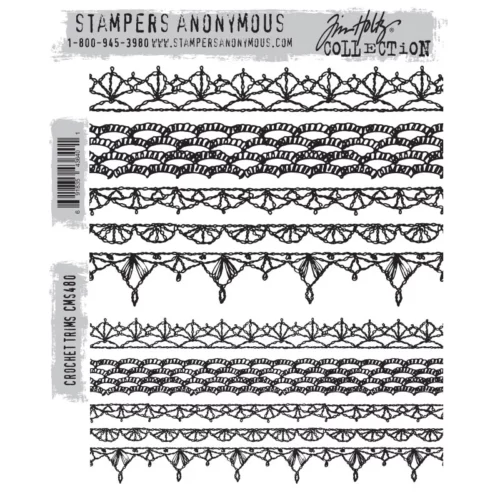 A print out of the front of the Crochet Trims Tim Holtz Stamp Set is shown in the center of the frame on a white background. There are a series of horizontal rows of lace trim designs shown one on to of the other.