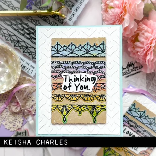 A card made using the Crochet Trims Tim Holtz Stamp Set is shown in the frame.
