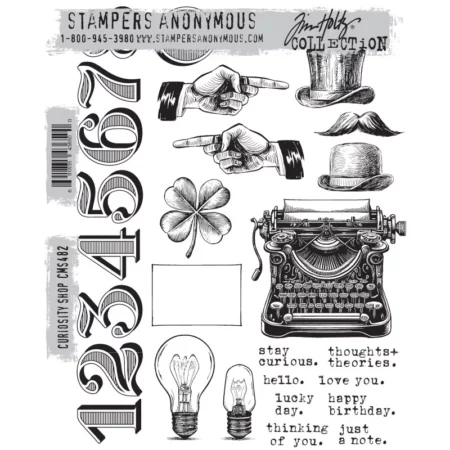 A print out of the front of the Curiosity Shop Tim Holtz Stamp Set is shown in the center of the frame on a white background. There are a series of random objects in this set. Some top hats, a moustache, a four leaf clover, numbers, a typewriter and more.