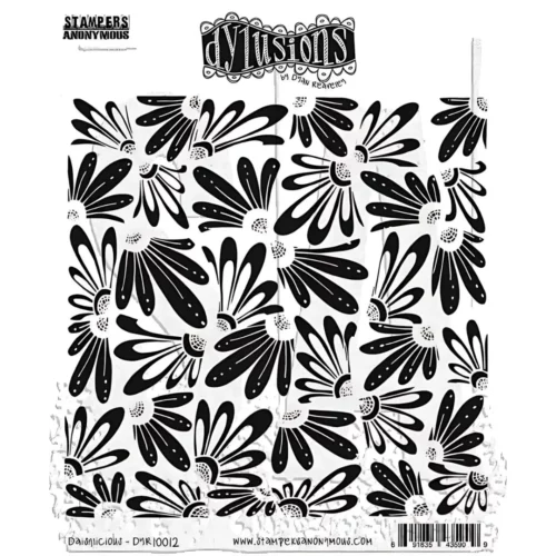 There is a single Daisylicious Dylusions Cling Mount Rubber Stamp Set shown in the center of the frame. The image of the stamp is printed in black on a white background. There is the Dylusions logo printed at the top, center of the stamp set. On a white background.