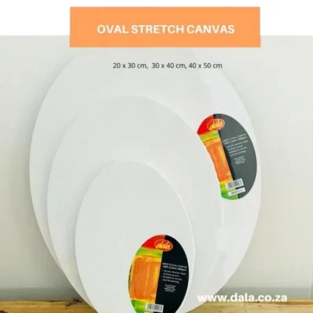 three different sized oval canvas are stacked standing up against eachother. they are leaning on a wall and the wood floor is visable underneath them. they have labels on them and there is onformation on the image about the brand and sizes. in the centre of the image on a white background.
