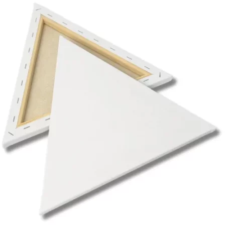 two Dala Triangular Stretched Canvas are in the center of the image. the back on is showing the back of the canvas. the front one is showing the front of the canvas. they are pointing to the top left of the image. on a white background.