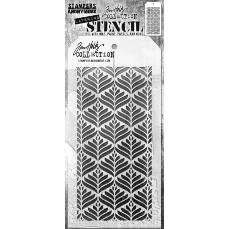 A single Deco Leaf Tim Holtz Layering Stencil is seen in the center of the frame in it's packaging. The packaging has a printed backing board with a clear plastic that holds the stencil to the backing board. The backing is printed in grey and has some text at the top of the packaging describing the contents and includes the Tim Holtz logo. You can see the stencil through the clear packaging. The stencil is plastic and tag shaped and the design is cut out from the body of the tag shaped stencil. The image is center of the frame and on a white background.