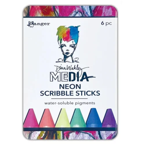 A close up of the tin lid of the Dina Wakley Media Neon Scribble Sticks set. The tin is white with the Dina Wakley logo printed on the middle with the product name. There is an image of the tips of the crayons along the bottom of the tin. The image is center of the frame and on a white background.