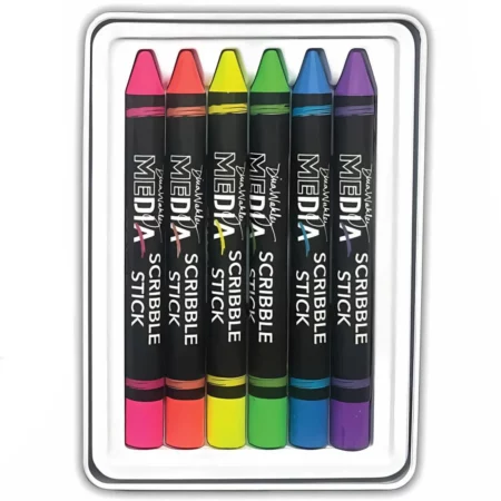 A close up of the inside of the Dina Wakley Media Neon Scribble Sticks tin set, which is the base that houses the crayons. Each stick is a colour and has a black label around the stick with the colour name and brand name printed on it. The image is center of the frame and on a white background.