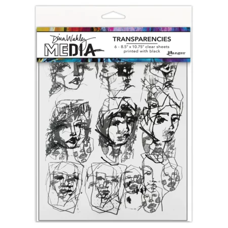 A set of Dina Wakley Media Transparencies Tinies Set 2 can be seen in the center of the frame in it's packaging. The packaging is a clear hangable packet with a printed header with the Dina Wakley logo and the name of the product. You can see the first sheet of the transparencies through the packaging which is clear with black printed faces. On a white background.