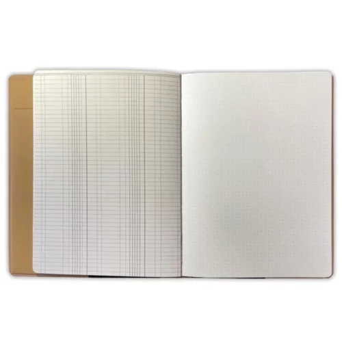 An open Dylusions Large Ledger Journal is shown in the center of the frame. The paper is ivory coloured and has lines and grid dots. The image is center of the frame and on a white background.