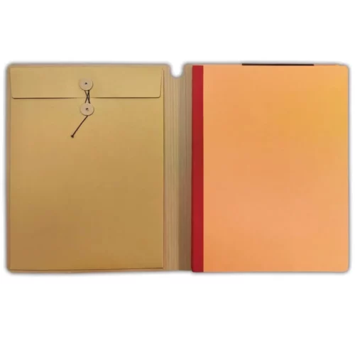 An open Dylusions Large Ledger Journal is shown in the center of the frame. Theire is a manilla envelope on the inside cover along the left hand side of the frame. There is an orange journal cover to the right that is bound with red tape. On a white background.