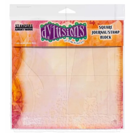 A single Dylusions Square Journal Stamp Block is shown in the center of the frame. The block is made from a thick, clear perspex and has a straight edge and a wavy edge. The block is in a clear packet with a printed cardboard backing board. The backing board is orange and form a header for the packaging with the Dylusions logo printed on it. The image is center of the frame and on a white background.