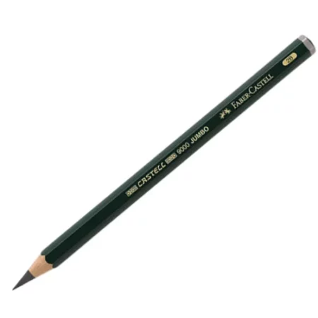 2B Faber Castell Graphite pencil Castell 9000 Jumbo is sitting horizontally across the image. with the tip on the bottom left of the image and the end on the top right of the image. the pencil is green with gold writing, on a white background