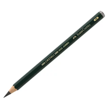 4B Faber Castell Graphite pencil Castell 9000 Jumbo is sitting horizontally across the image. with the tip on the bottom left of the image and the end on the top right of the image. the pencil is green with gold writing, on a white background