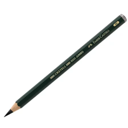 8B Faber Castell Graphite pencil Castell 9000 Jumbo is sitting horizontally across the image. with the tip on the bottom left of the image and the end on the top right of the image. the pencil is green with gold writing, on a white background