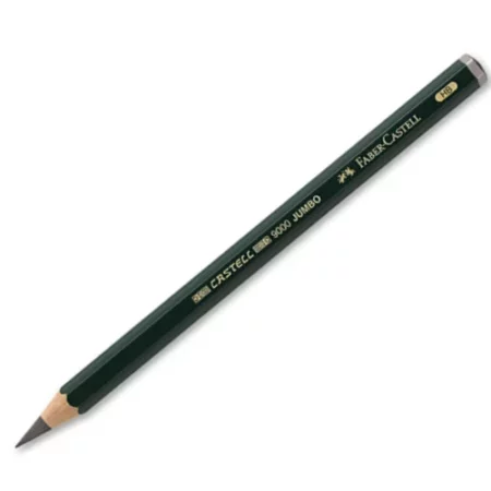 HB Faber Castell Graphite pencil Castell 9000 Jumbo is sitting horizontally across the image. with the tip on the bottom left of the image and the end on the top right of the image. the pencil is green with gold writing, on a white background
