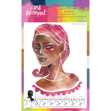 A single Facetime Jane Davenport Creative Expressions Clear Stamp Set is shown in the center of the frame. The set has a printed cardboard backing with the Jane Davenport logo. The images of the stamp are printed on the front in colour. On a white background.
