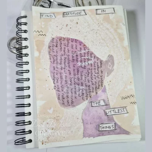 A project, that was made using the Facetime Jane Davenport Creative Expressions Clear Stamp Set can be seen in the frame. The image is of a sketch pad that has a womans face stamped onto it and coloured in with a pink background.