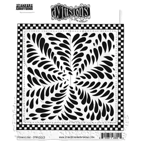There is a single Fernlicious Dylusions Cling Mount Rubber Stamp Set shown in the center of the frame. The image of the stamp is printed in black on a white background. There is the Dylusions logo printed at the top, center of the stamp set. On a white background.