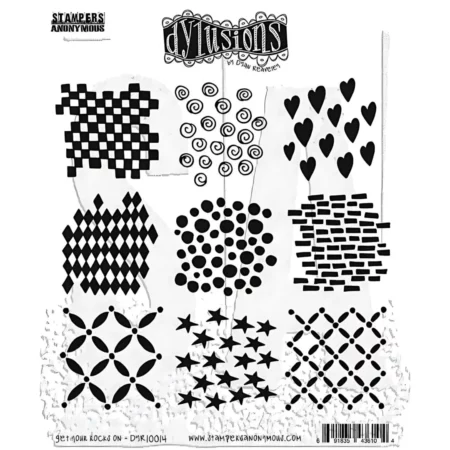 There is a single Get Your Rocks On Dylusions Cling Mount Rubber Stamp Set shown in the center of the frame. The image of the stamp is printed in black on a white background. There is the Dylusions logo printed at the top, center of the stamp set. On a white background.