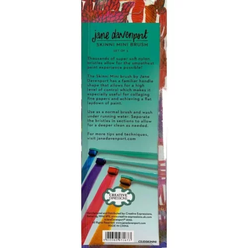 The back of a pack of Jane Davenport Skinni Mini Brush Set is shown in the center of the frame vertically. The set has a printed cardboard backing in a green colour with black text. On a white background.