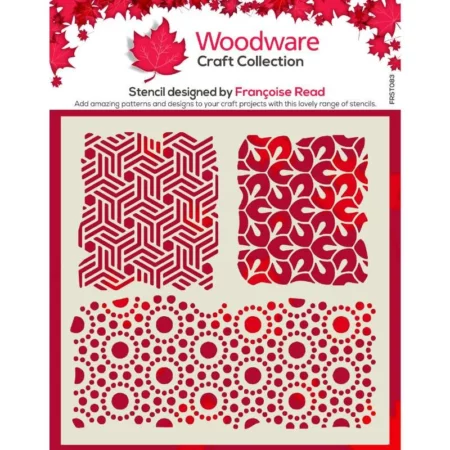A single Kasbah Woodware Stencil is shown in the center of the frame. The stencil is square and made of white plastic. The designs are cut out of the plastic. There is a printed cardboard backing board and header for this hang pack in red. On a white background.